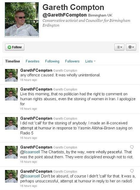 "Gareth Compton's twitter feed showing the appology tweets"