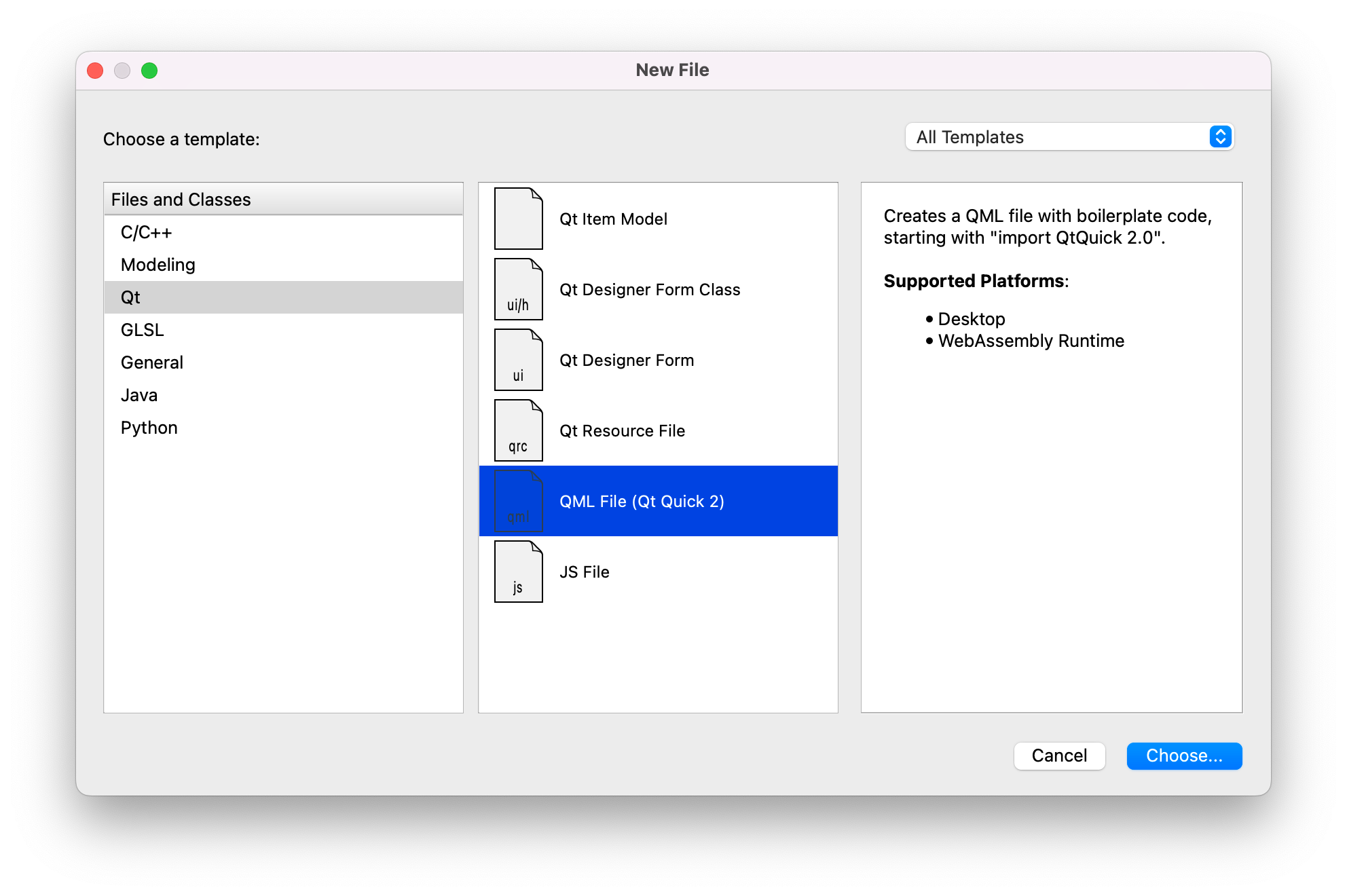 Screen shot of the Qt Creator New File Dialog with Qt selected in "Files and Classes" and QML File (Qt Quick 2) highlighted