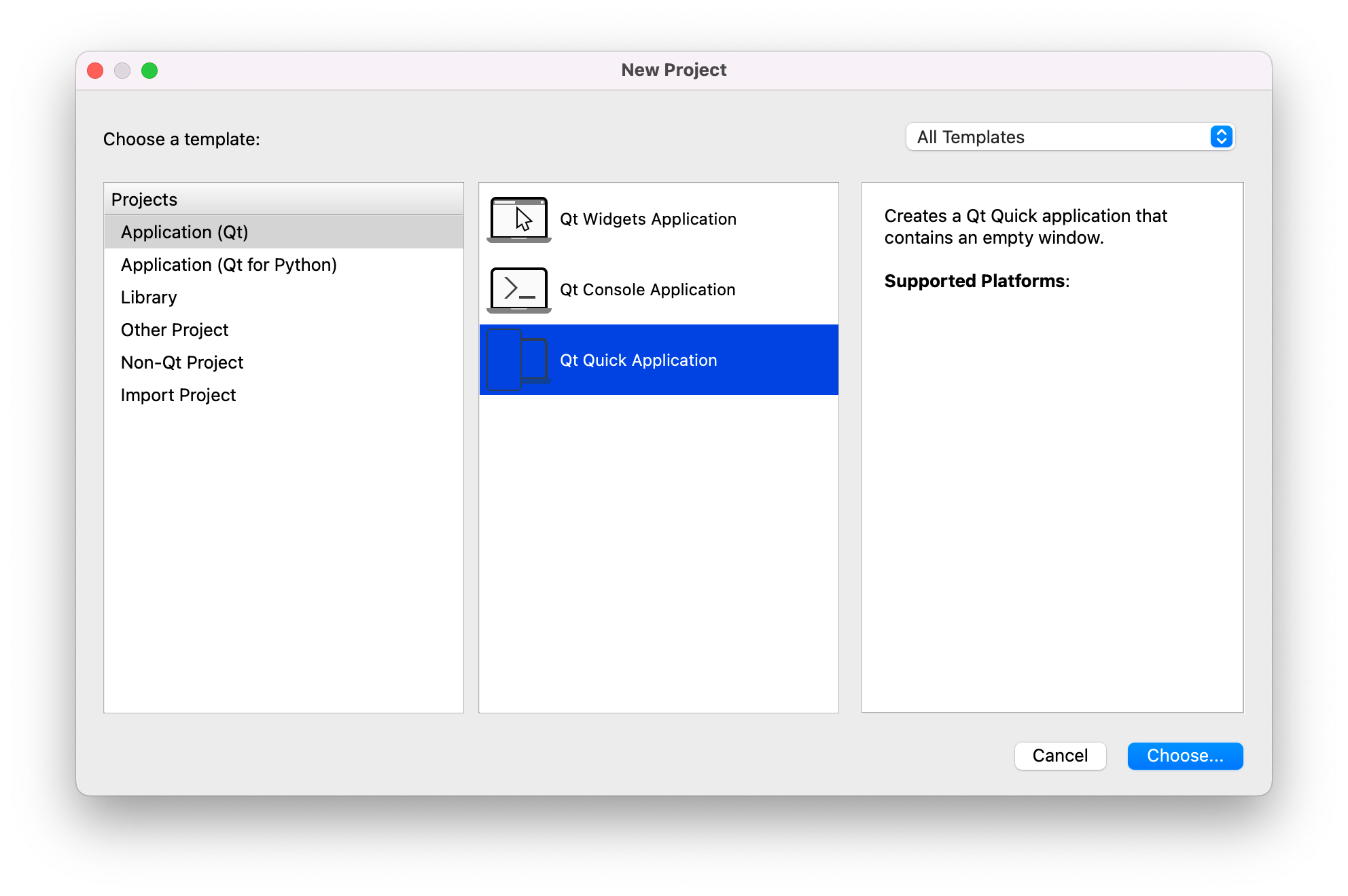 Screen shot of the Qt Creator New Project dialog with Qt Quick Application selected